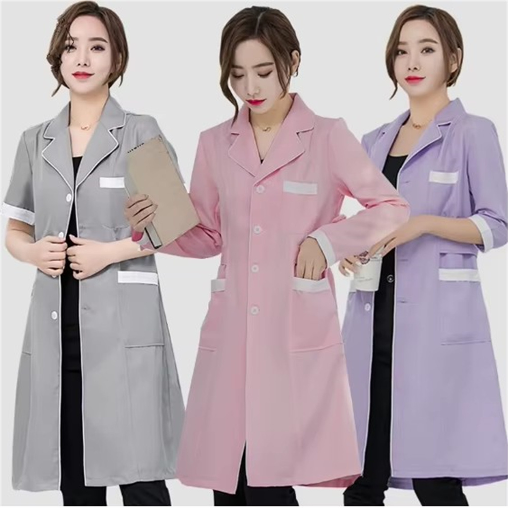 Lab Coat Medical - 고급 회색 단색 슬림 단순 주름
